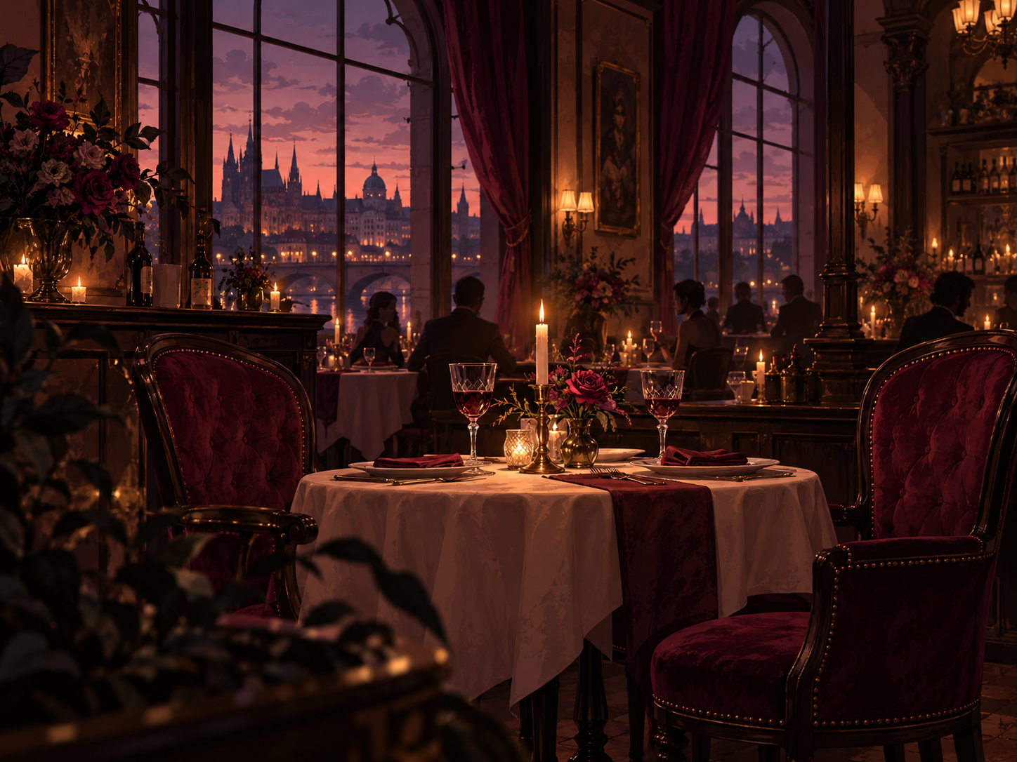 Illustrated candlelit bistro with a table set for two